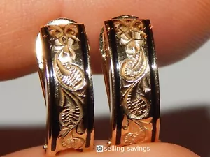 14K YELLOW GOLD FLORAL ENAMEL HAWAIIAN HEIRLOOM 7/10th INCH OMEGABACK EARRINGS - Picture 1 of 8