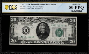 1928A $20 Federal Reserve Note Dallas FR.2051-K - Graded PCGS 50 PPQ Numeric 11 - Picture 1 of 2