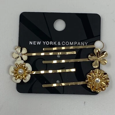 New York & Company Womens Set of Five Floral Hair Pins Gold Tone Coordinating - Image 1 of 4