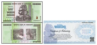 Zimbabwe 50 TRILLION DOLLAR BILL AA/2008 UNC P-90 100% COA genuine - Image 1 of 2