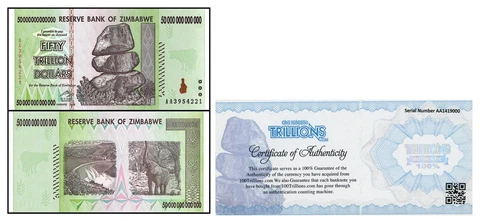 Zimbabwe 50 TRILLION DOLLAR BILL AA/2008 UNC P-90 100% COA genuine Sale FEW LEFT Cover