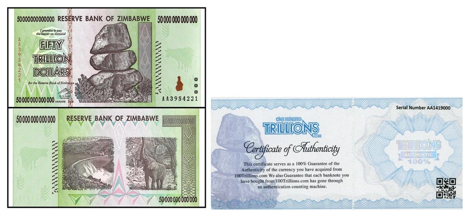 Zimbabwe 50 TRILLION DOLLAR BILL AA/2008 UNC P-90 100% COA genuine Sale FEW LEFT - Image 1 of 2