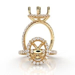 Classic Halo Pave Oval Semi Mount Diamond Engagement Ring 18k Yellow Gold 1Ctw - Picture 1 of 8