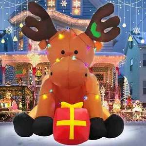 Reno de Navidad inflable de 8 pies decoración exterior con caja de regalo roja y 26 LED - Imagen 1 de 6