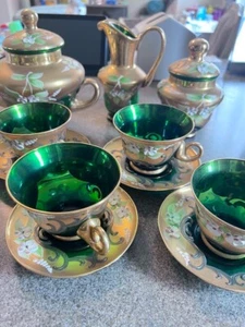 Vintage Murano Cup & Saucer 6,pot pitcher set Handblown Emerald Glass F/S - Picture 1 of 9