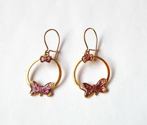 Enamel earrings. GOLD PLATE HOOP with Butterfly design- PURPLE Enamel - Picture 1 of 2