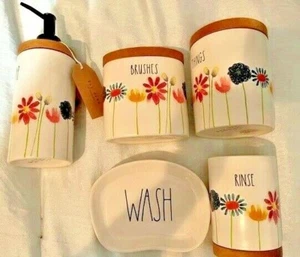 🔥Rae Dunn Bathroom Set 5 Pcs 🎁❤️ w/Wood Accents Flower Farmhouse  NWT - Picture 1 of 10