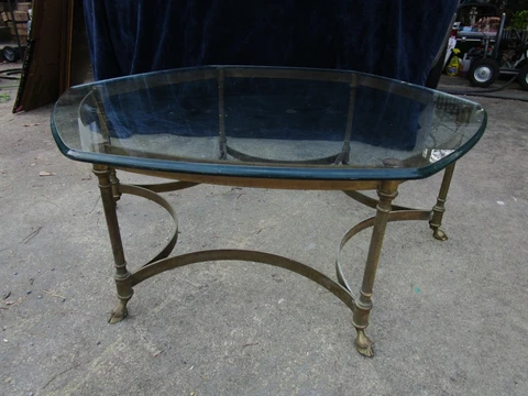 1960's Hollywood Regency LaBarge Glass Top Brass Hoof Foot Base Coffee Table Cover