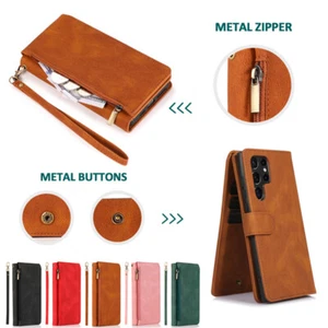 Zip Pocket Leather Wallet Case Multi Card Flip Cover for Samsung S24+/S25+ Ultra - Picture 1 of 37