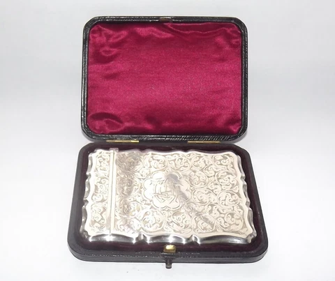 ANTIQUE VICTORIAN STERLING SILVER CARD CASE W/ LEATHER CASE BOX, BIRMINGHAM 1894 Cover