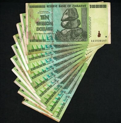 10 x 10 万亿津巴布韦元钞票 10 件 AA 2008 100% 正品带真品证明 — 第 1/3 张图片