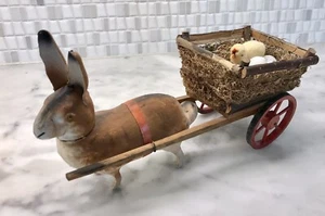 Antique German Easter Rabbit Pulling Cart With Eggs And Chickadee - Picture 1 of 10