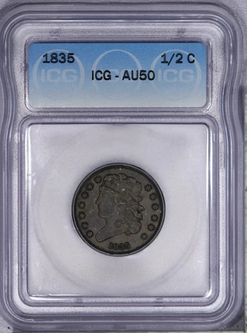 1835 Classic Head Half Cent H1c 1/2c ICG AU50 Cover