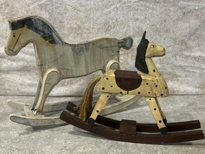Par de caballos mecedores de madera primitivos de colección hechos a mano rústicos granja americana - Imagen 1 de 13