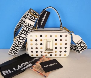 NWT Karl Lagerfeld Paris Simone Camera Bag Studded Crossbody Winter White Logo - Picture 1 of 20