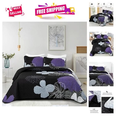 Juego de edredón floral púrpura contemporáneo - microfibra suave, 3 piezas tamaño queen Foto 1 de 4