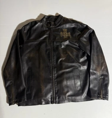 BKE Buckle Men’s Size Large Bomber Jacket Brown Faux Leather With Cross - Image 1 of 4