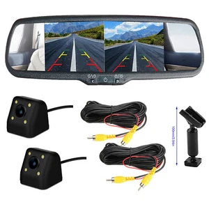 4.3" Dual Split Screen Mirror Monitor Car Front Side Rear View 2 Backup Cameras - Picture 1 of 15