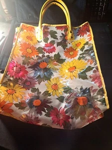 VINTAGE RETRO 1960'S-70'S SMALL VINYL TOTE BAG ORANGE & Yellow FLOWERS Green Lea - Picture 1 of 24