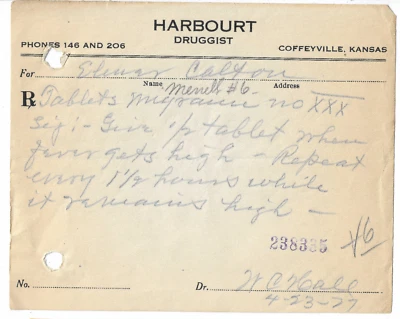 1927 Prescription/Rx,  H.C. Hall, Harbourt Druggist, Coffeyville, Kansas - Image 1 of 2
