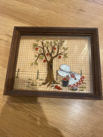Vintage Hand Painted Picture Glass Framed Wall Decor - Apple Tree & Bonnet Girl Cover