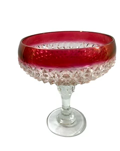 Vintage Clear Diamond Pattern Compote Bowl Pink Trim Pedestal Candy Dish - Bild 1 von 9