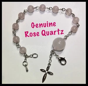 Pulsera artesanal de plata rosario hecha con piedras preciosas de cuarzo rosa genuino - Imagen 1 de 4