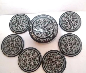Set of 6 Black Lacquer paisley pattern Coasters Round With Box - Picture 1 of 7