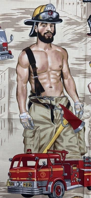Alexander Henry Sexy Fireman Pinup “Ready For Action”  Fabric Tan .5Y #29 - Image 1 of 4