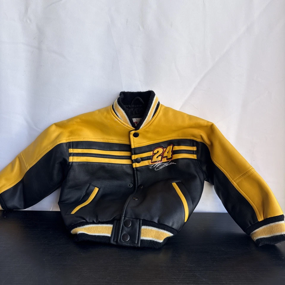 Jeff Gordon 24 Boys Chase Authentics Jacket Yellow Black Faux Leather Snap Sz 2 - Image 1 of 4