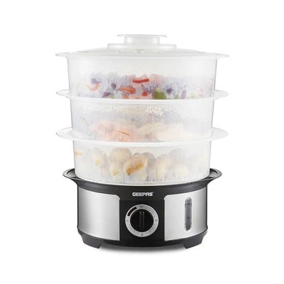 Geepas Food Steamer 12L Electric 3 Tier Cooker Vegetable Fish Stainless Steel - Image 1 of 4