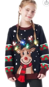 Kids Ugly Christmas Sweater, Reindeer Light Up Led Soft Cozy Holiday Small READ - Picture 1 of 14