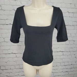 7 For All Mankind Black Pima Cotton Stretch Square Neck Lined Basic Top Small S - Picture 1 of 11