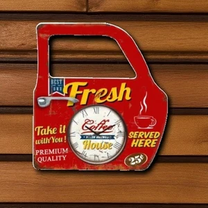 Café Clock Coffee House Metal Wall Art Sign Rustic Kitchen Decor Key Hanger - Picture 1 of 2
