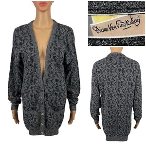 Diane Von Furstenberg Womens Medium Cardigan Gray Animal Print Metal Vintage EUC - Picture 1 of 10