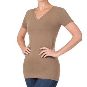 Women's Basic Cotton V-Neck Short Sleeve T-Shirt Soft Stretch Tee Mocha Brown, S - Picture 1 of 11