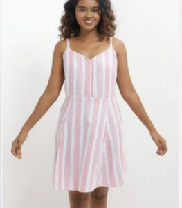 GAP Pink & White Stripe Linen-Blend A-Line Fit And Flare Dress Size Large - Picture 1 of 4