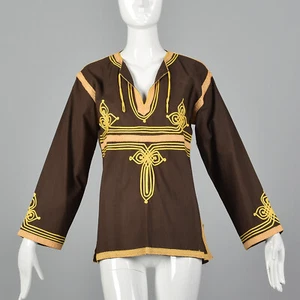 M 1970s Brown Bohemian Top Long Sleeve Cotton Tunic Soutache Trim Hippie 70s - Picture 1 of 10