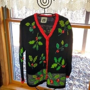 Storybook Knits Vintage Embroidered Hand Knitted Holiday Holly Sz. M Cardigan - Picture 1 of 7