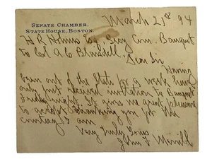 1894 Handwritten Letter Senate Chamber State House Boston John Flint Merrill - Picture 1 of 10