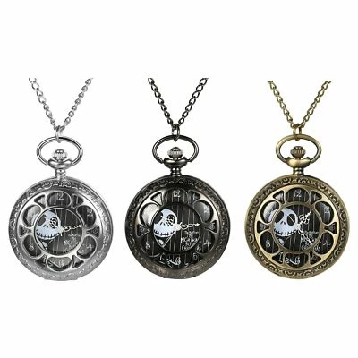 Antiguo Halloween Calavera Esqueleto Esfera Negra Cuarzo Reloj Bolsillo Collar Regalo Foto 1 de 2