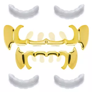 Dracula GRILLZ SET Gold Plated Top Bottom 4 Open Cap Teeth LS 644 G 2 extra Bar - Picture 1 of 4