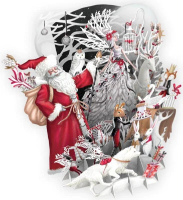 Tarjeta de Navidad emergente 3D White Magic Santa Fairy Queen and Woodland Creatures Foto 1 de 3