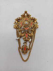 Florenza signierte viktorianische Revival Brosche Anhänger goldfarbene Perle Emaille Tropfen. - Bild 1 von 3