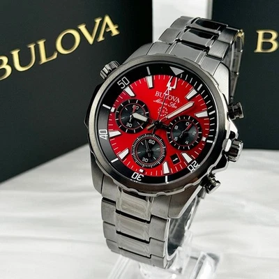 Bulova 98B350 Marine Star Men's Quartz Watch Red Dial Stainless Steel 43mm - Image 1 of 4
