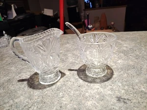 Vintage Clear Sunflower Creamer Pitcher and Sugar Bowl Set With Spoon - Picture 1 of 7