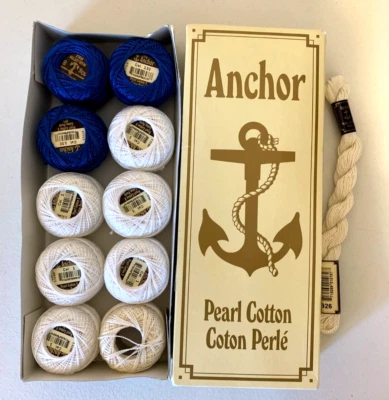 Anchor Cotton Pearl Thread Yarn Lot of 10 #1 White & #132 Blue + Skein #926 Ecru - Image 1 of 3