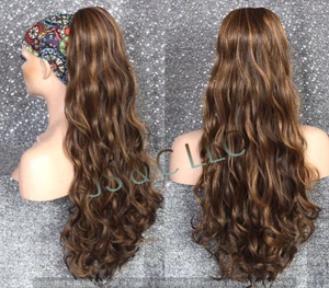 Brown mixed Human Hair Blend Ponytail Heat Safe Curly Ex long drawstring - Picture 1 of 8