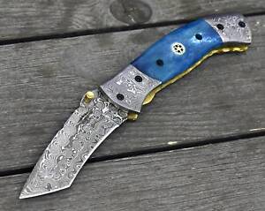 CUSTOM HANDMADE FORGED DAMASCUS STEEL POCKET KNIFE EDC FOLDING BLADE + SHEATH