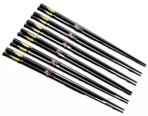 Chopsticks Dining Set 4 or 6 Pairs Black With Golden Long Life Symbol Reusable - Picture 1 of 3